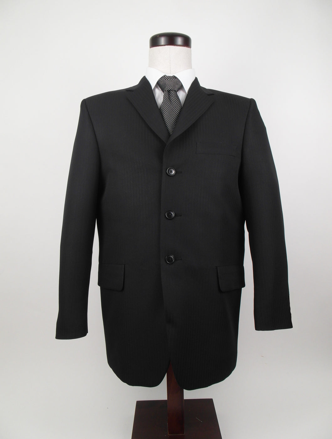 3 Button Suit - Centre Vent - 100% Polyester - Black Tone on Tone Stripe - 168-27CVW