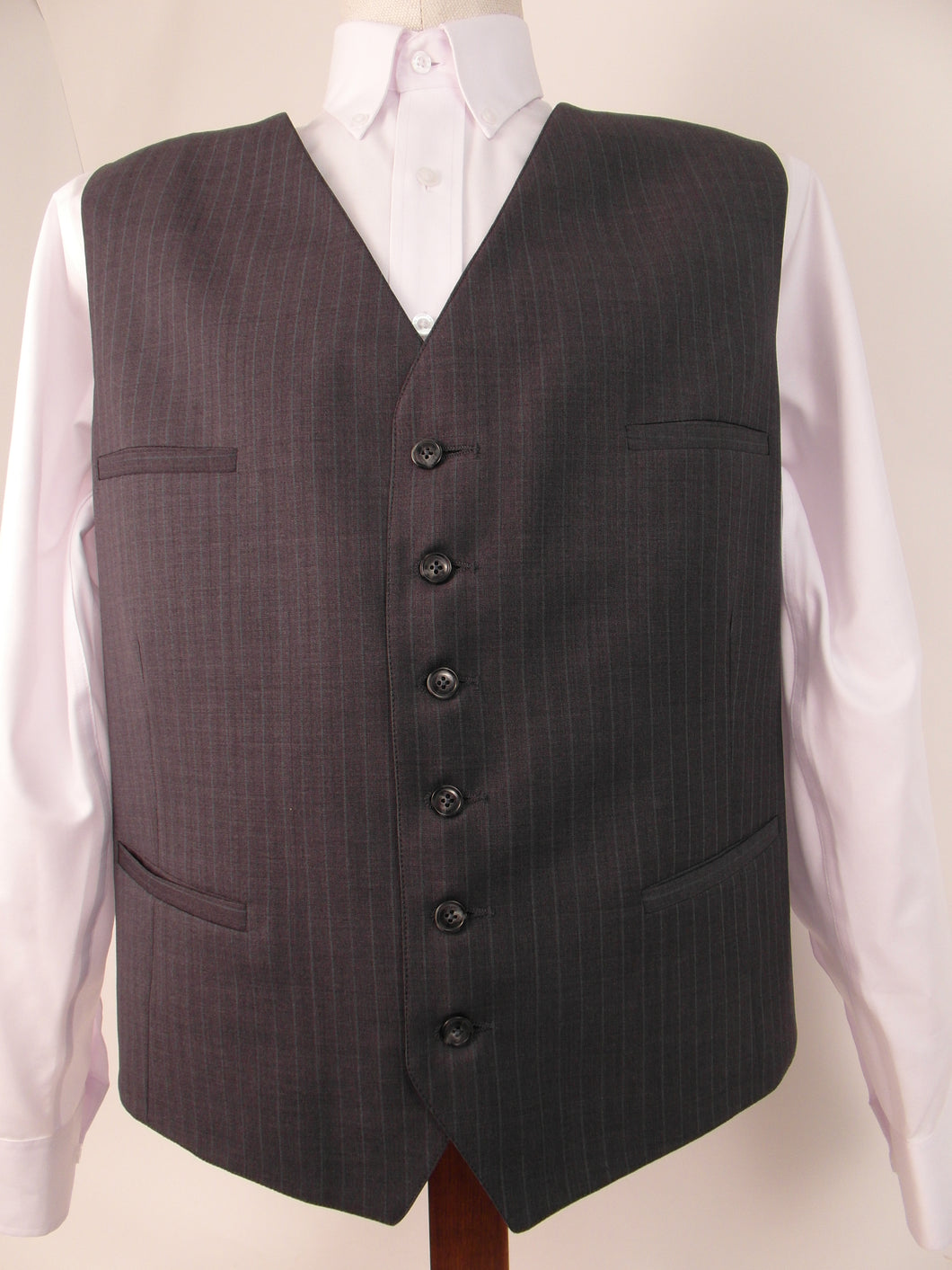 Vest - 6 Button - V-Front Style  - 50% Poly / 50% Wool Blend - Mid Grey with Subtle Blue Stripe - 61019-7VFF